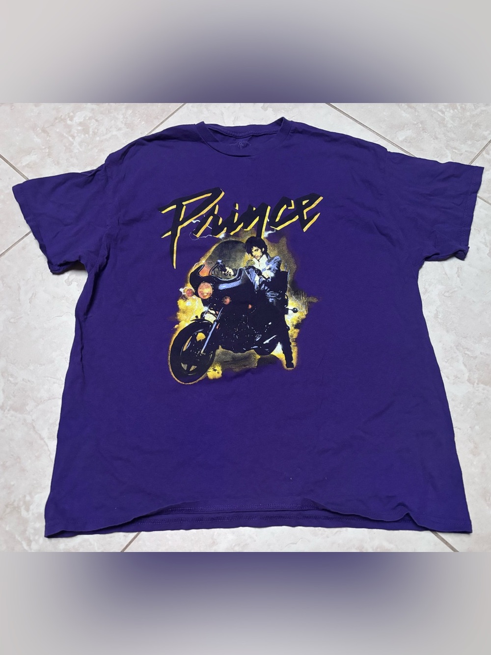 Prince Purple T-Shirt with Yellow Motorcycle Graphic